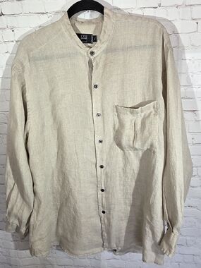 Ike Behar New York Men's XL 100% Linen Band Collar Shirt Beige Made in USA